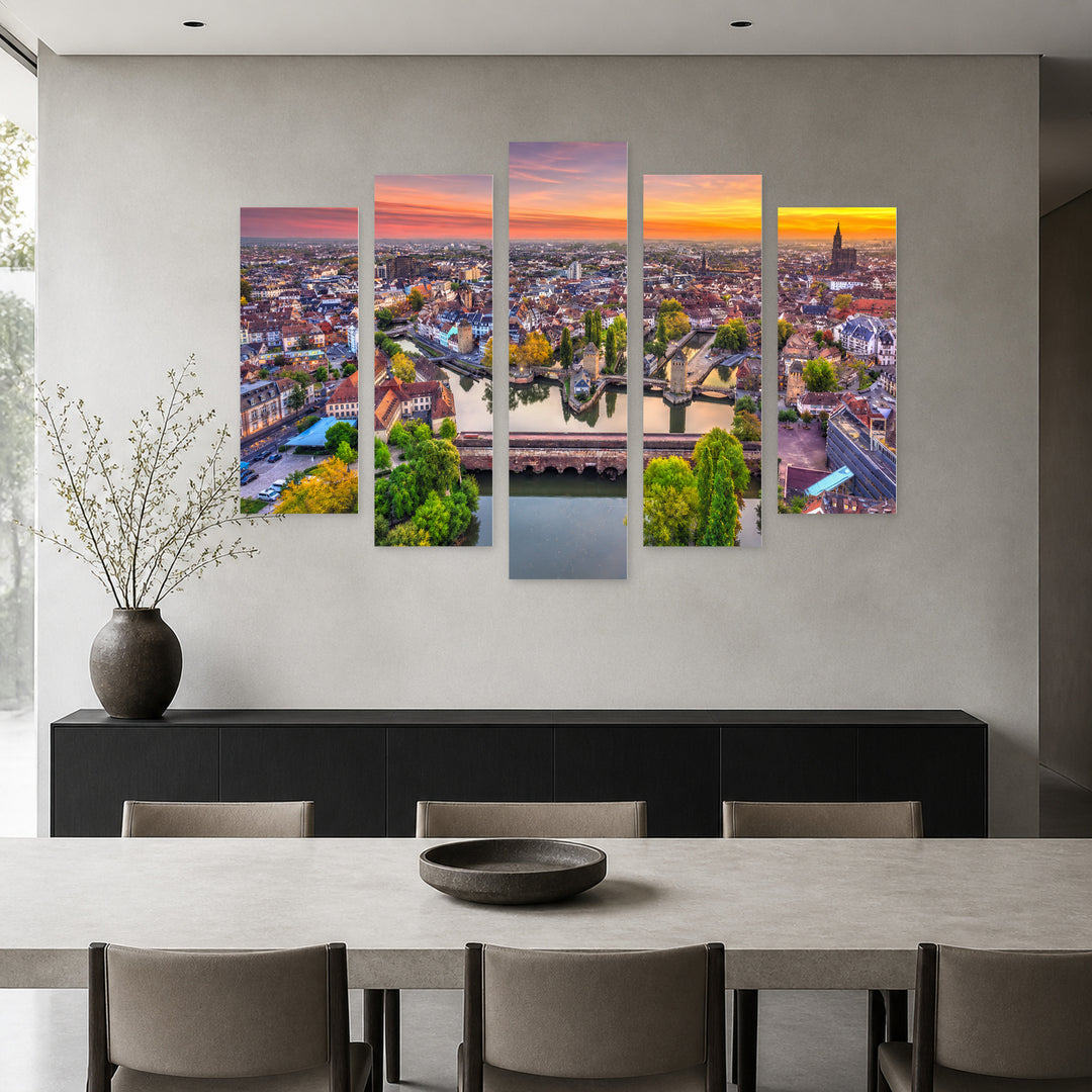 Sunset in Strasbourg in Serene Light — five-panel wall art in alternate frontal interior | 5wallart 53825 M4