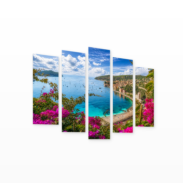 Villefranche-sur-mer with Geometric Rhythm — five-panel wall art on white background in perspective | 5wallart 53829 M1