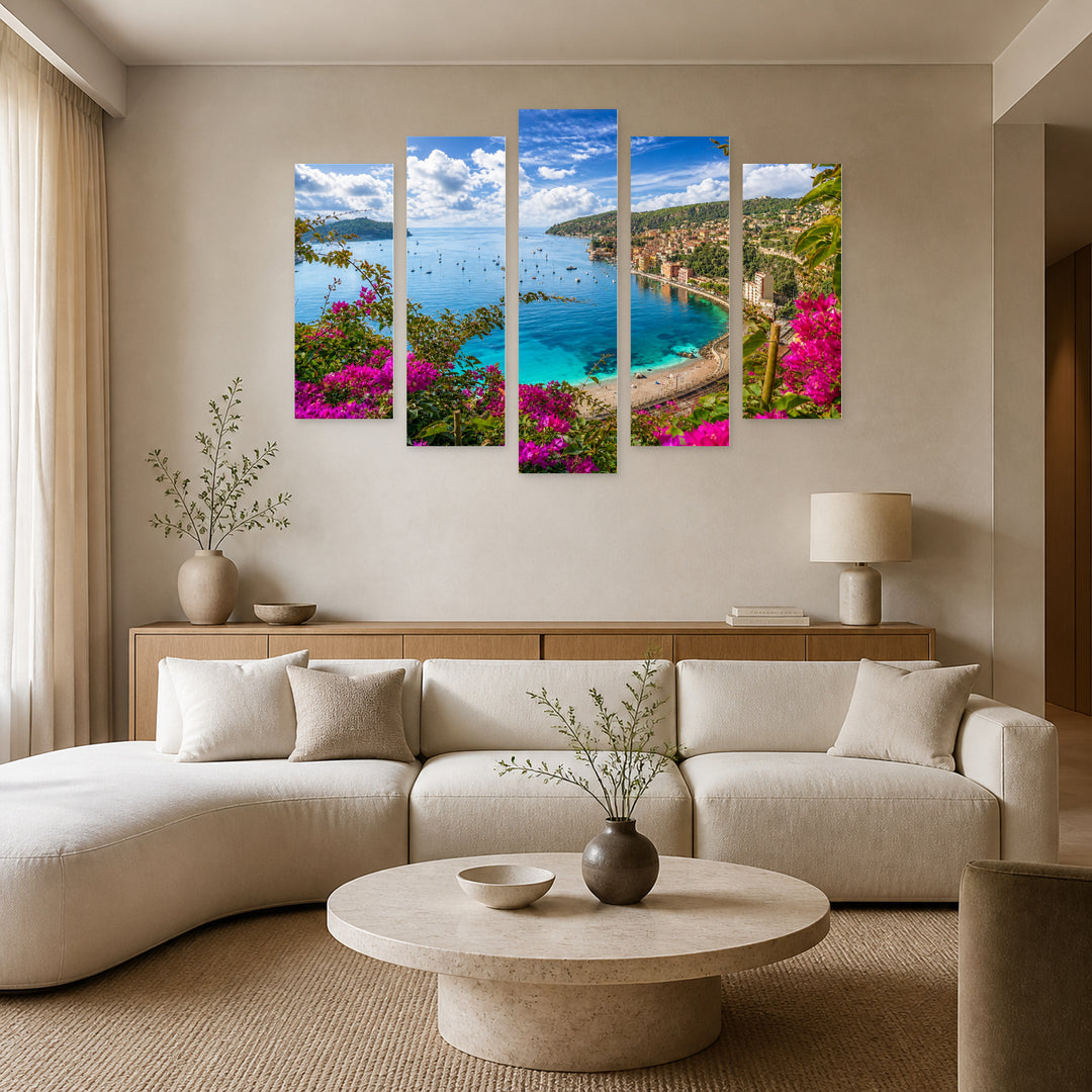 Villefranche-sur-mer with Geometric Rhythm — five-panel wall art in frontal interior | 5wallart 53829 M3