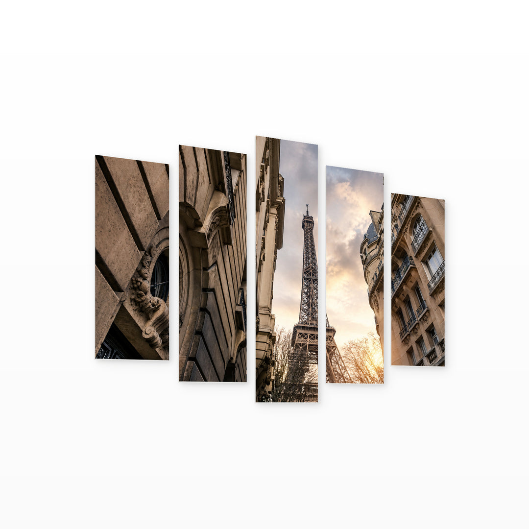 View of the Eiffel Tower with Dreamlike Atmosphere — five-panel wall art on white background in perspective | 5wallart 53832 M1