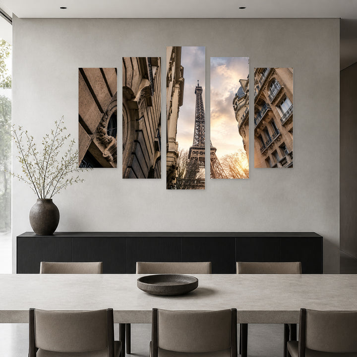 View of the Eiffel Tower with Dreamlike Atmosphere — five-panel wall art in frontal interior | 5wallart 53832 M3