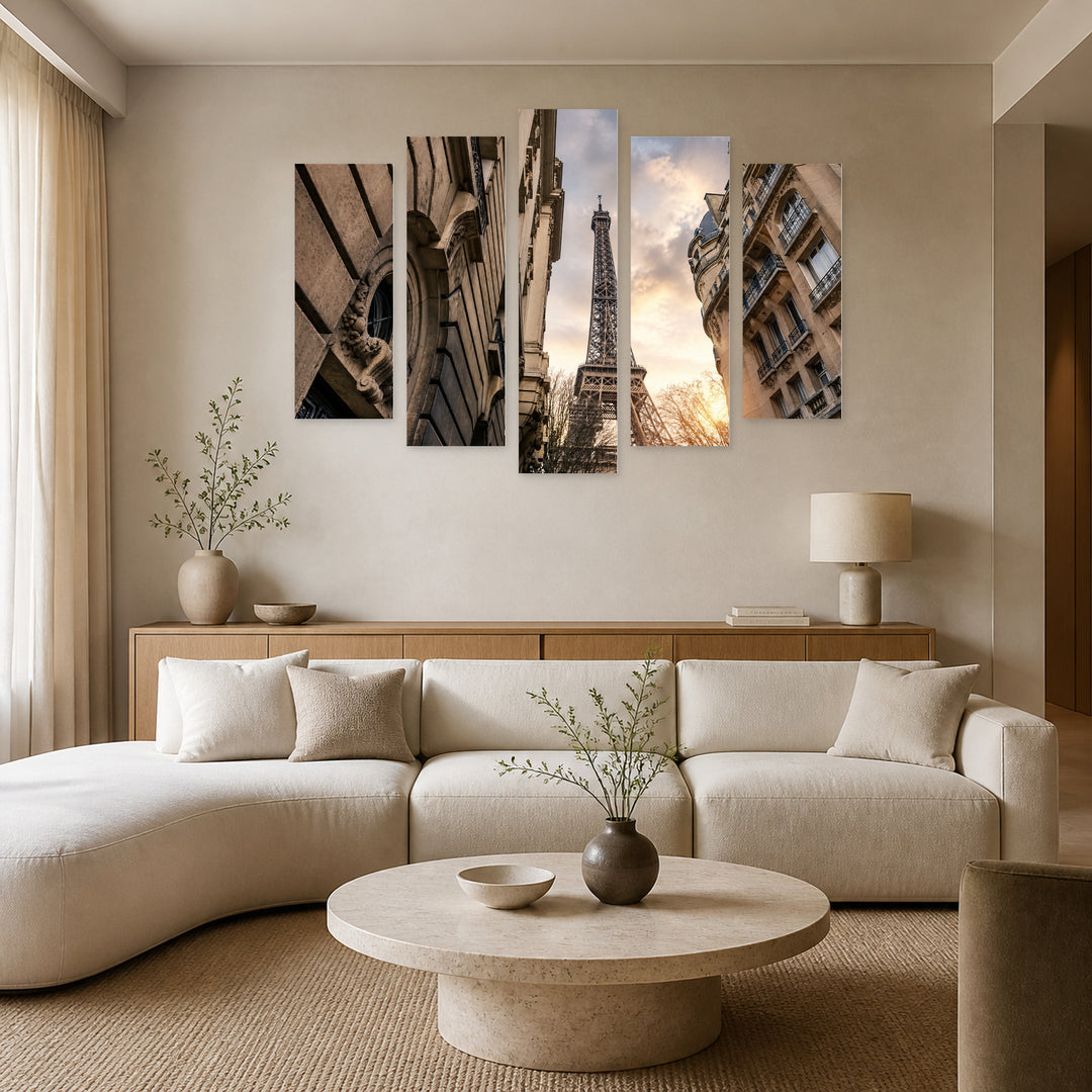 View of the Eiffel Tower with Dreamlike Atmosphere — five-panel wall art in alternate frontal interior | 5wallart 53832 M4