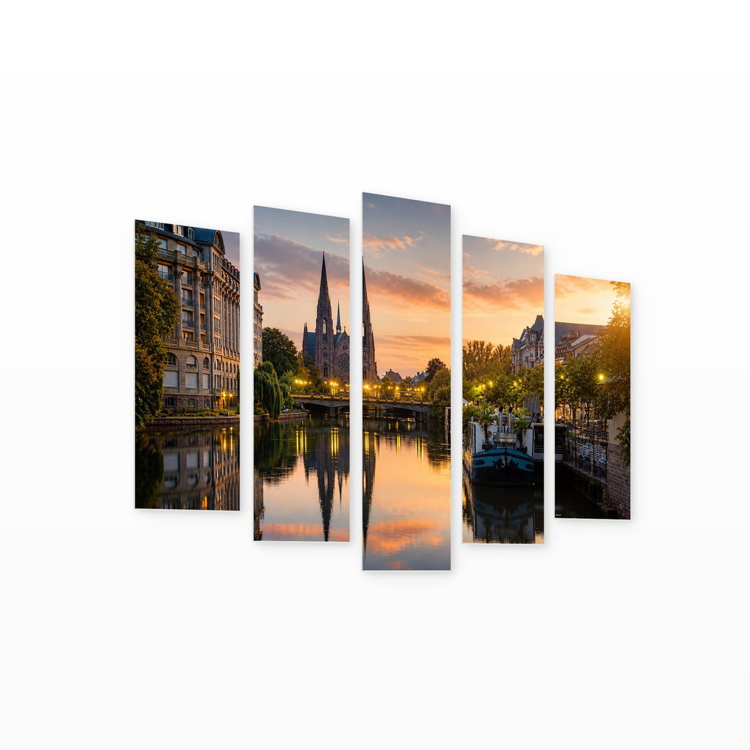 Strasbourg at Sunrise in Serene Light — five-panel wall art on white background in perspective | 5wallart 53836 M1