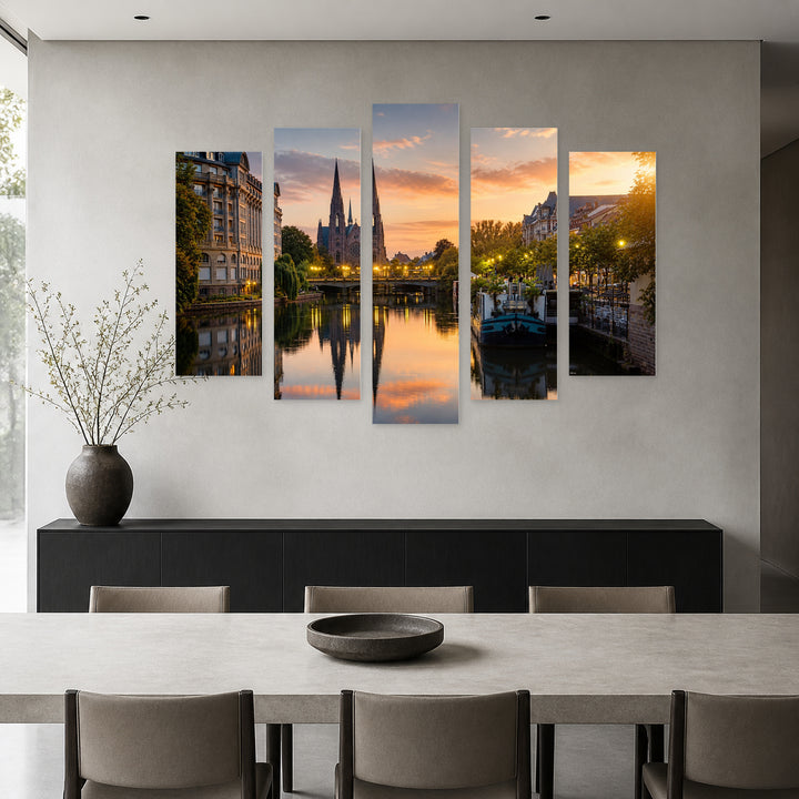 Strasbourg at Sunrise in Serene Light — five-panel wall art in frontal interior | 5wallart 53836 M3