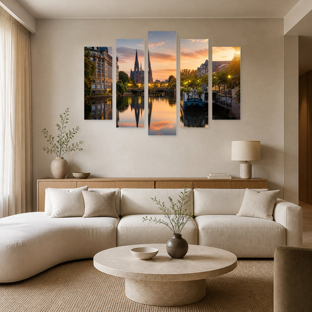 Strasbourg at Sunrise in Serene Light — five-panel wall art in alternate frontal interior | 5wallart 53836 M4