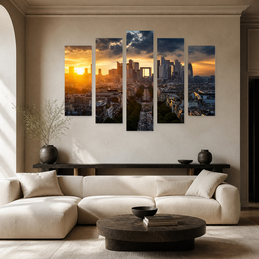 La Défense, Paris with Dramatic Contrast — five-panel wall art in alternate frontal interior | 5wallart 53838 M4