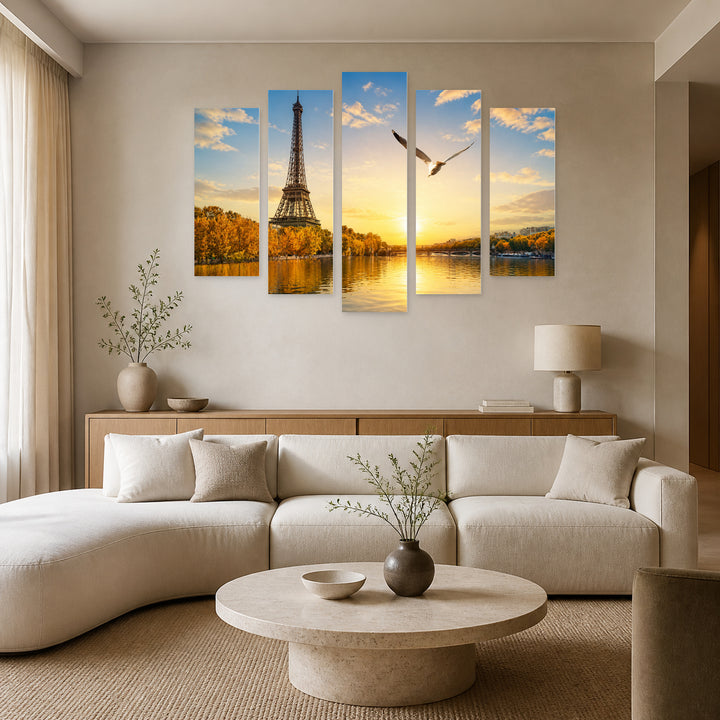 Seine River in Paris in Blue and Gold — five-panel wall art in frontal interior | 5wallart 53841 M3