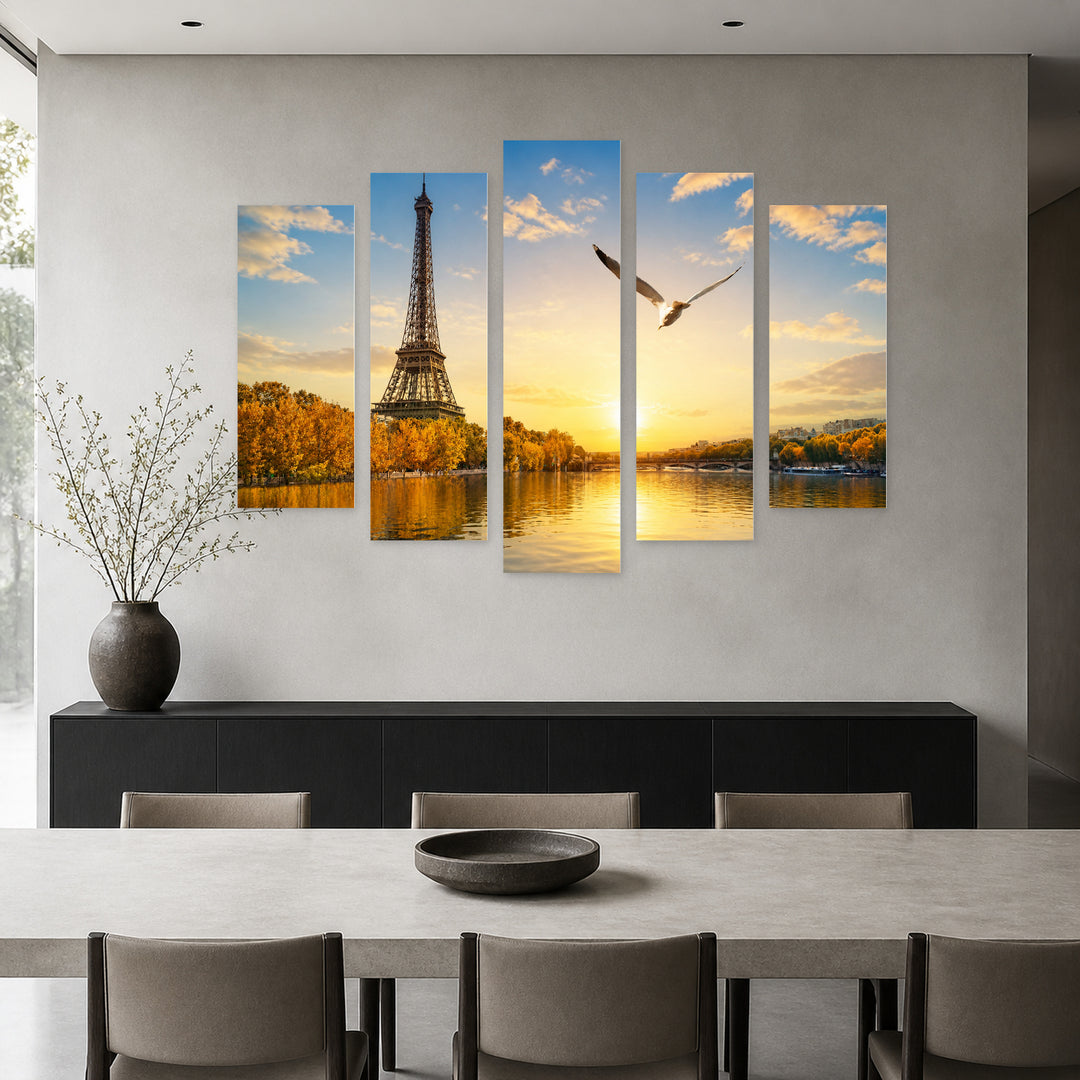 Seine River in Paris in Blue and Gold — five-panel wall art in alternate frontal interior | 5wallart 53841 M4