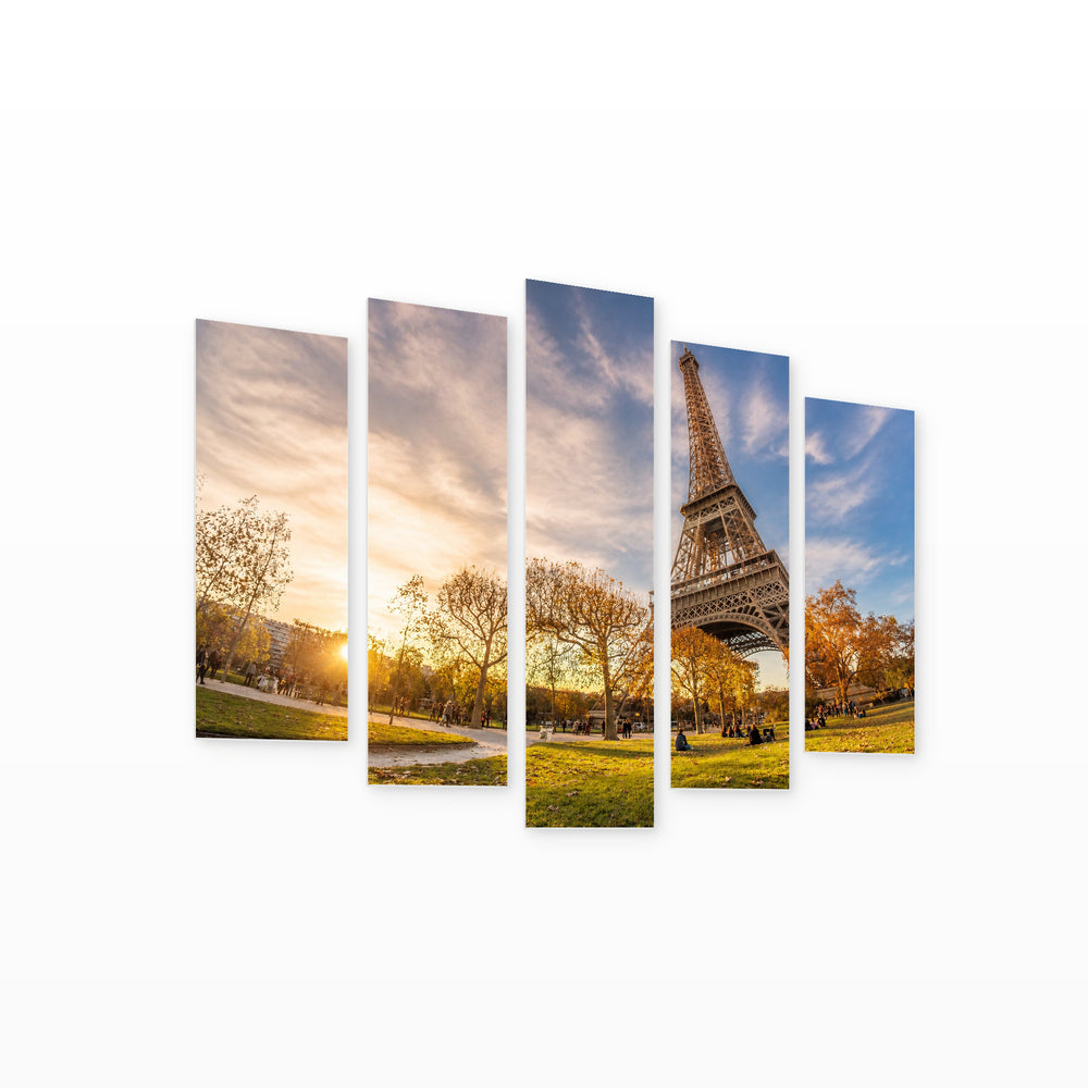 Autumn Sun and Eiffel Tower with Dreamlike Atmosphere — five-panel wall art on white background in perspective | 5wallart 53844 M1