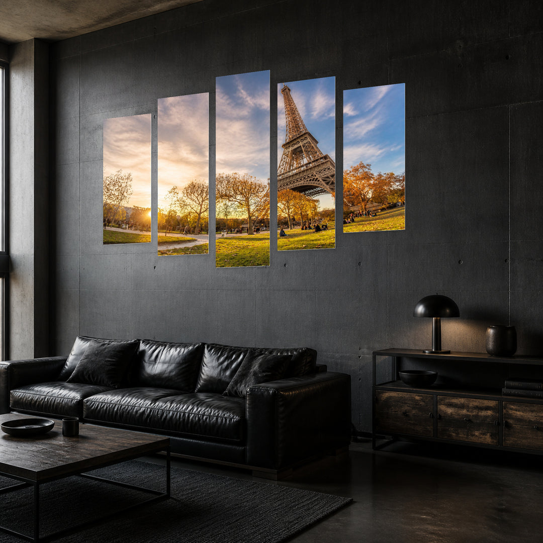 Autumn Sun and Eiffel Tower with Dreamlike Atmosphere — five-panel wall art in perspective interior | 5wallart 53844 M2