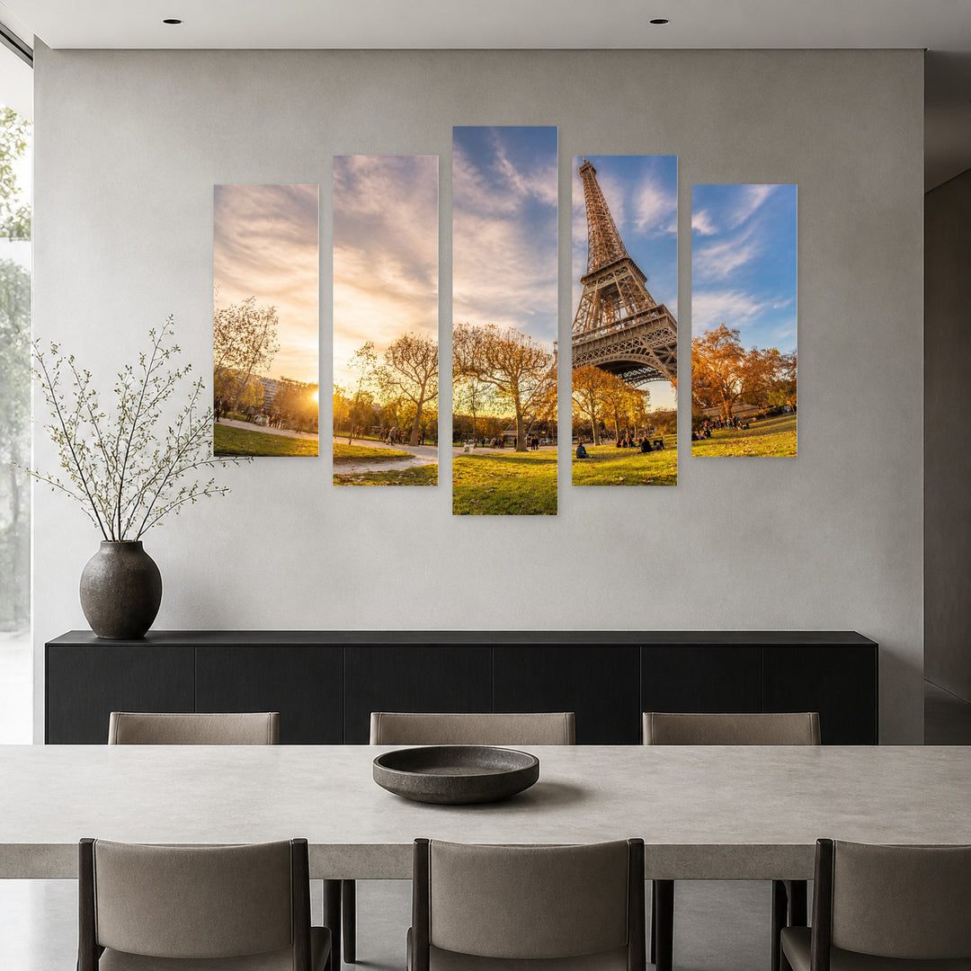 Autumn Sun and Eiffel Tower with Dreamlike Atmosphere — five-panel wall art in frontal interior | 5wallart 53844 M3
