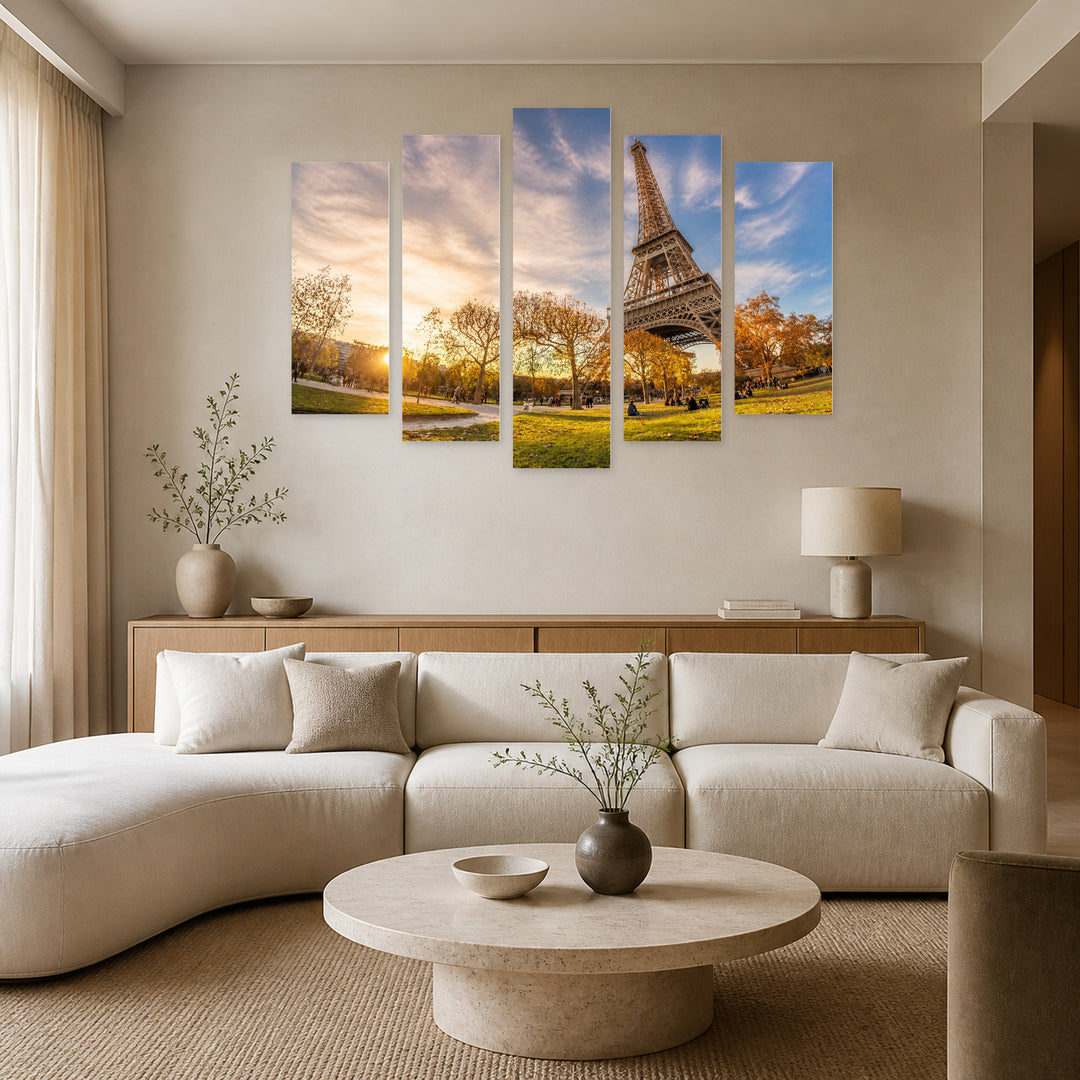 Autumn Sun and Eiffel Tower with Dreamlike Atmosphere — five-panel wall art in alternate frontal interior | 5wallart 53844 M4