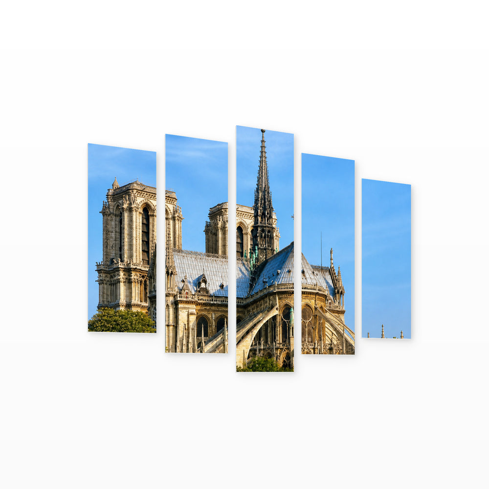 Notre-dame in Blue and Gold — five-panel wall art on white background in perspective | 5wallart 53845 M1