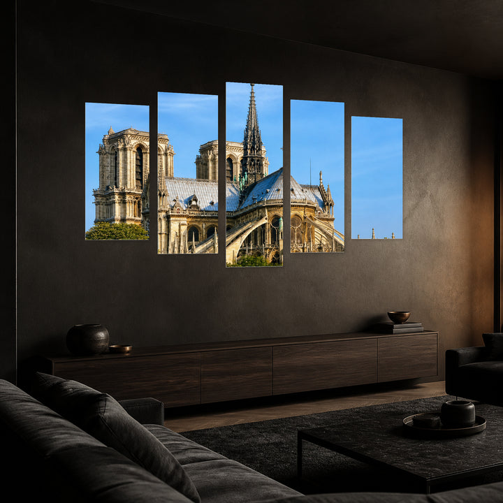 Notre-dame in Blue and Gold — five-panel wall art in perspective interior | 5wallart 53845 M2