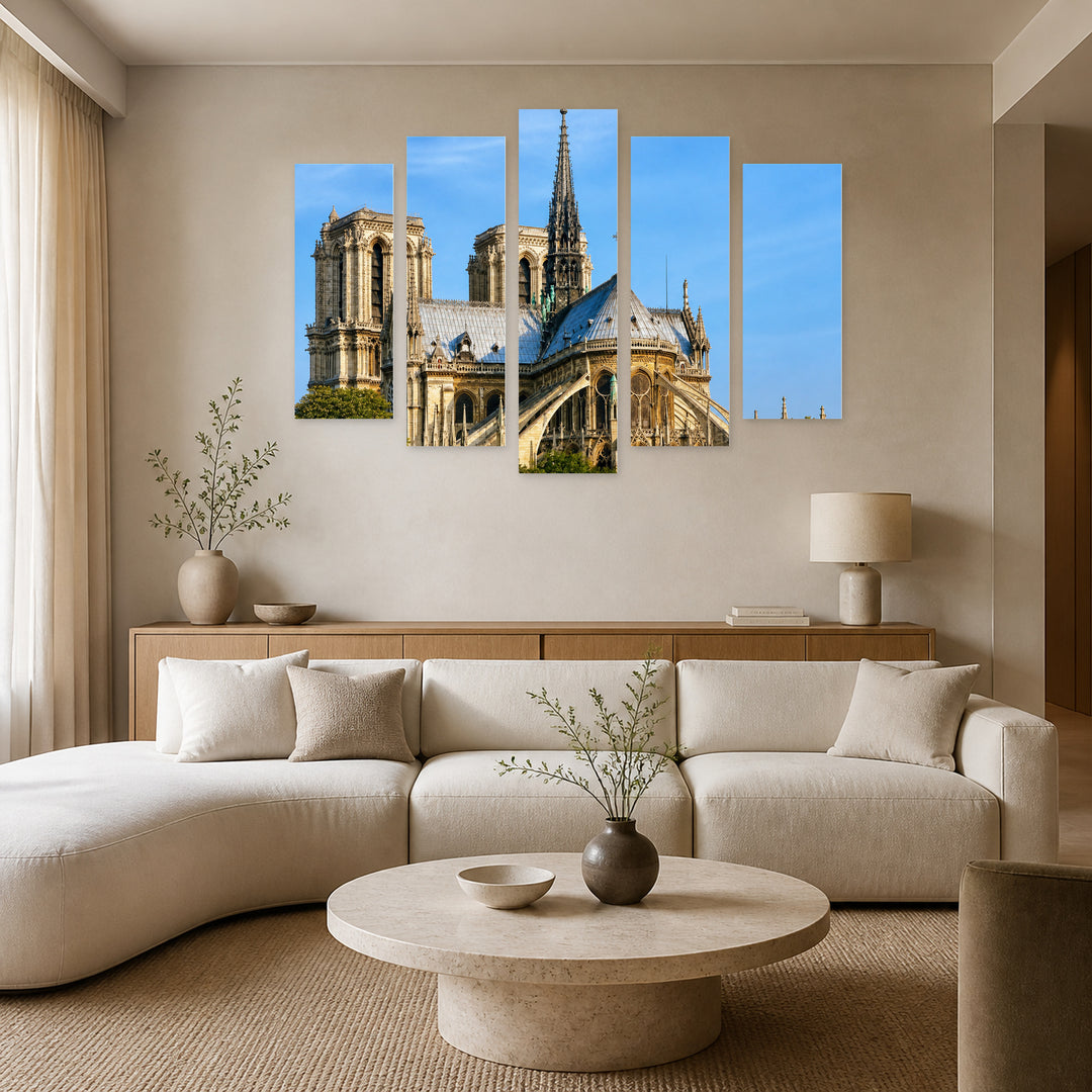 Notre-dame in Blue and Gold — five-panel wall art in frontal interior | 5wallart 53845 M3
