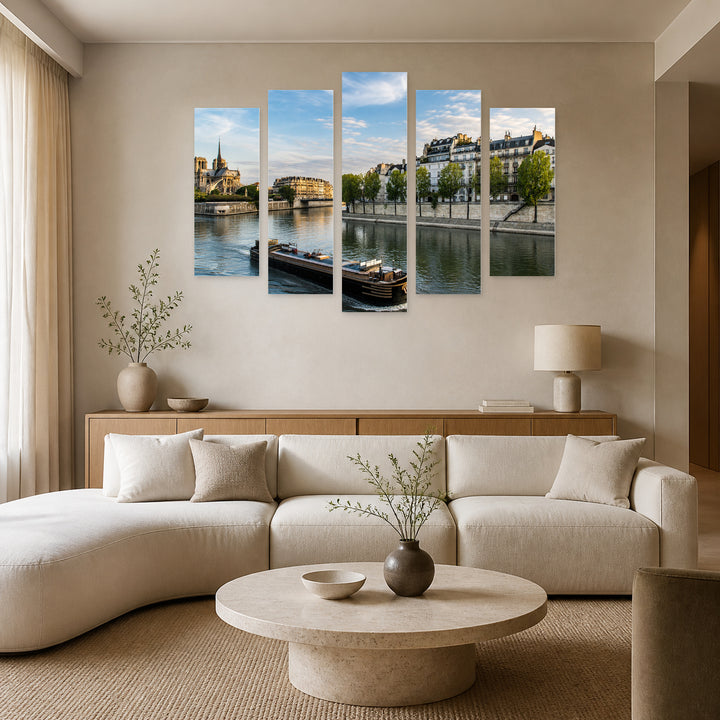 Seine River in Serene Light — five-panel wall art in alternate frontal interior | 5wallart 53846 M4