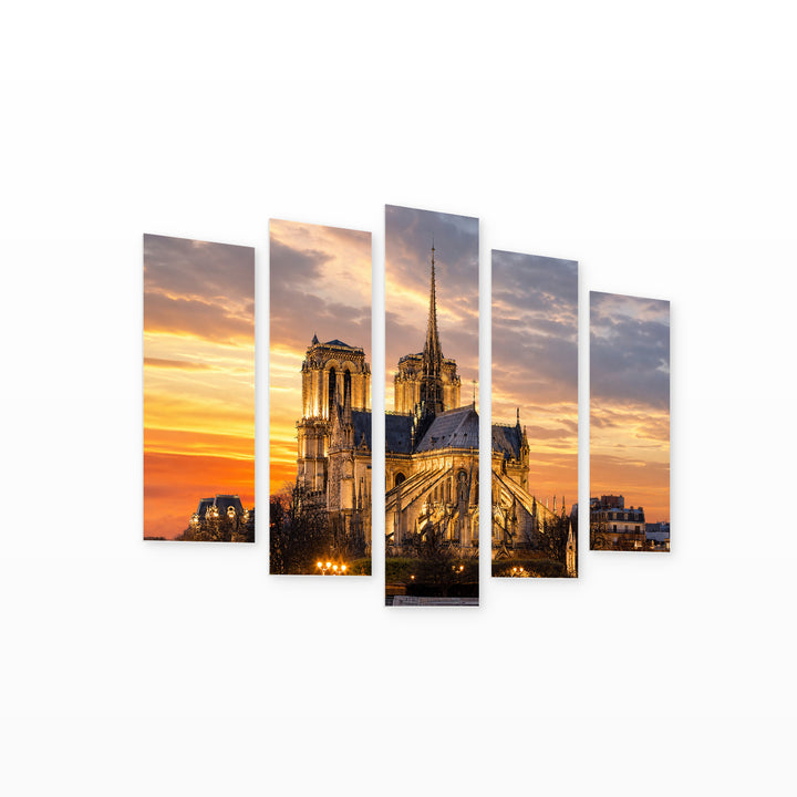 Golden Sunset over Notre-dame Cathedral — five-panel wall art on white background in perspective | 5wallart 53847 M1