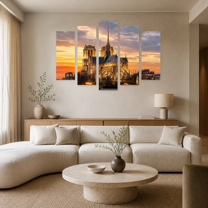 Golden Sunset over Notre-dame Cathedral — five-panel wall art in frontal interior | 5wallart 53847 M3