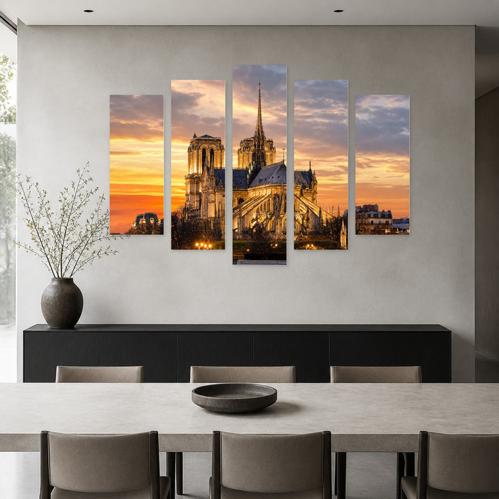 Golden Sunset over Notre-dame Cathedral — five-panel wall art in alternate frontal interior | 5wallart 53847 M4