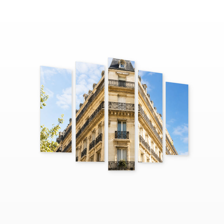 Architecture of a Paris Building in Serene Light — five-panel wall art on white background in perspective | 5wallart 53848 M1