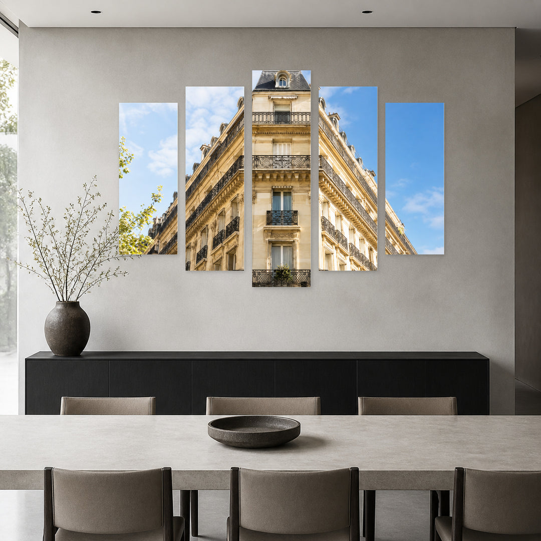 Architecture of a Paris Building in Serene Light — five-panel wall art in frontal interior | 5wallart 53848 M3
