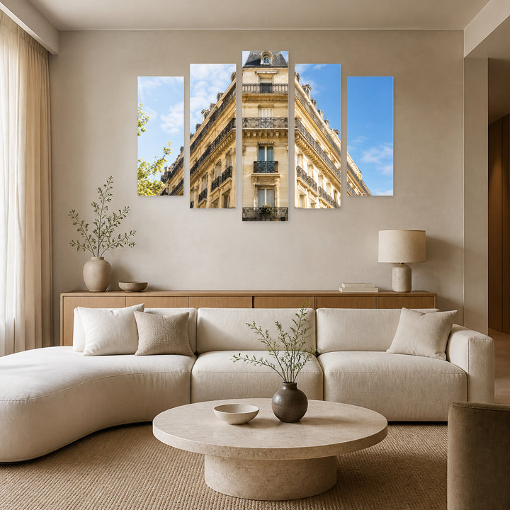 Architecture of a Paris Building in Serene Light — five-panel wall art in alternate frontal interior | 5wallart 53848 M4