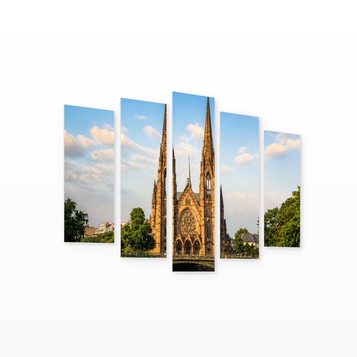 Strasbourg, Saint Paul’s Church in Blue and Gold — five-panel wall art on white background in perspective | 5wallart 53850 M1