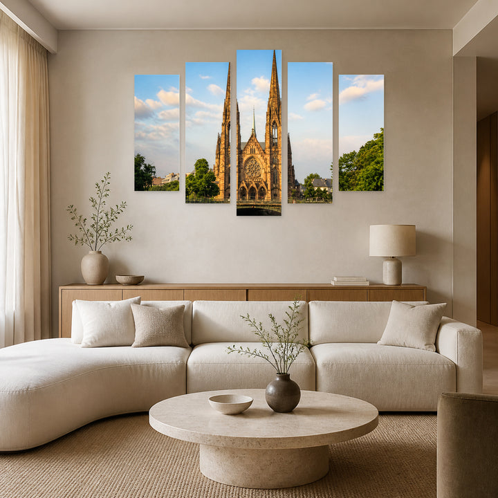 Strasbourg, Saint Paul’s Church in Blue and Gold — five-panel wall art in alternate frontal interior | 5wallart 53850 M4