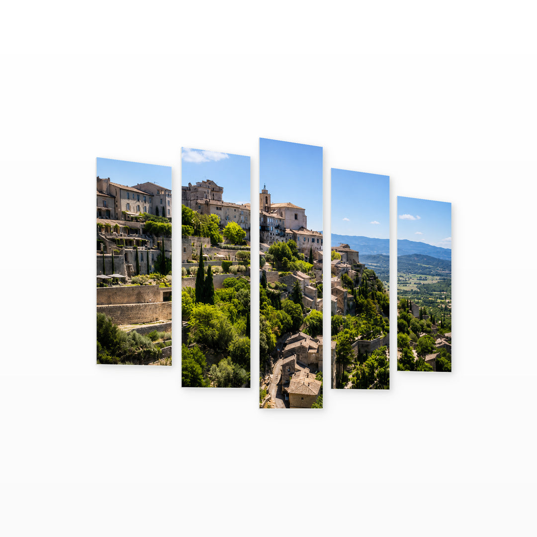 Gordes Town with Geometric Rhythm — five-panel wall art on white background in perspective | 5wallart 53852 M1