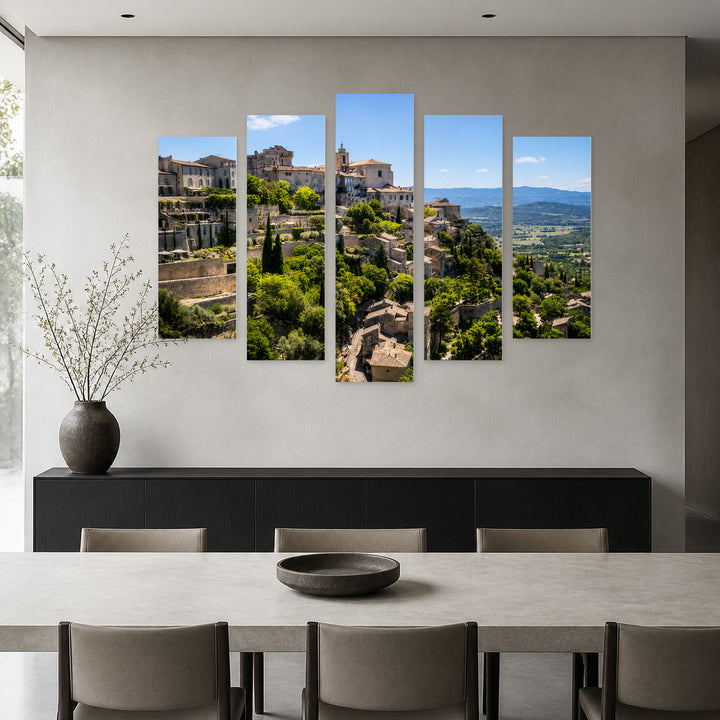 Gordes Town with Geometric Rhythm — five-panel wall art in frontal interior | 5wallart 53852 M3