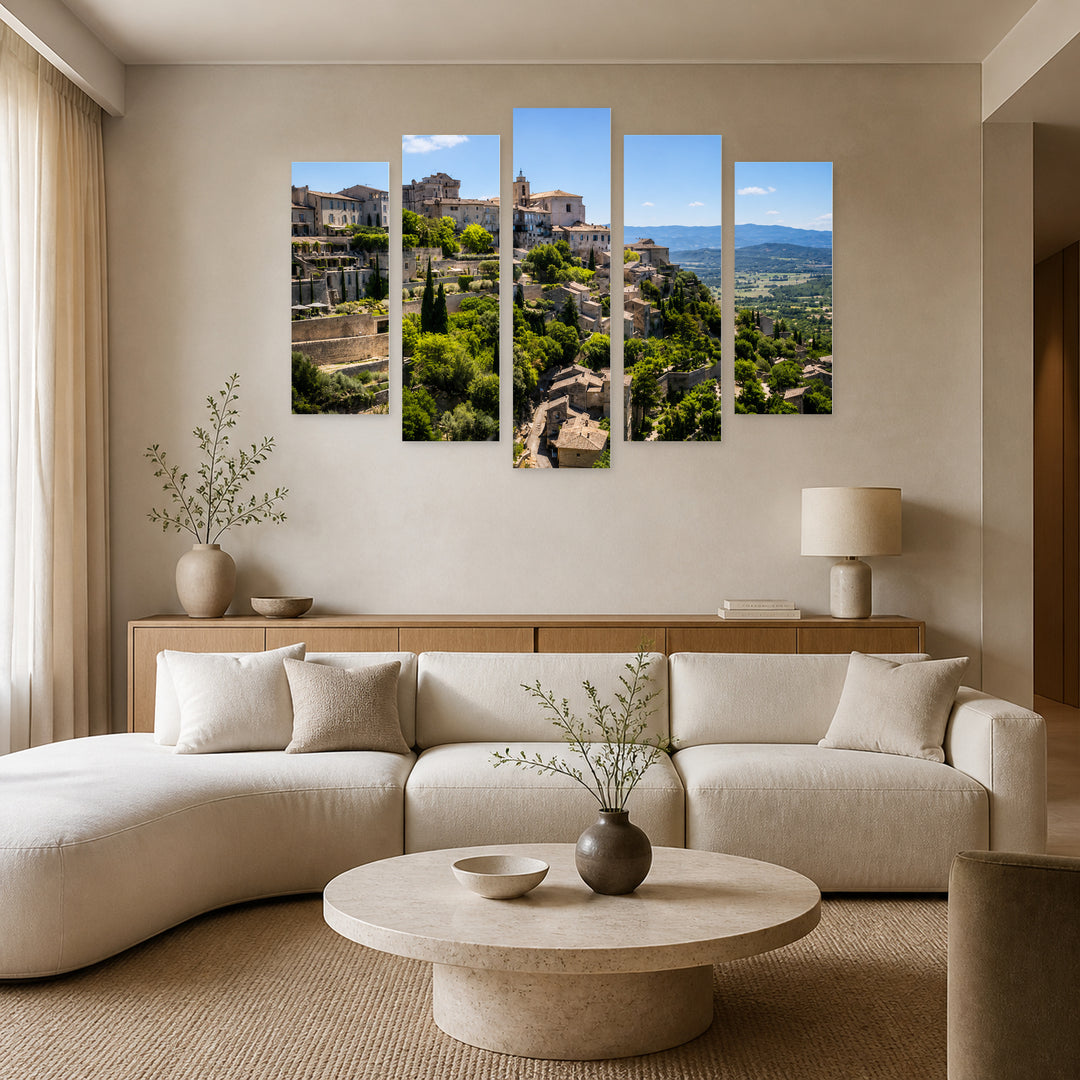 Gordes Town with Geometric Rhythm — five-panel wall art in alternate frontal interior | 5wallart 53852 M4
