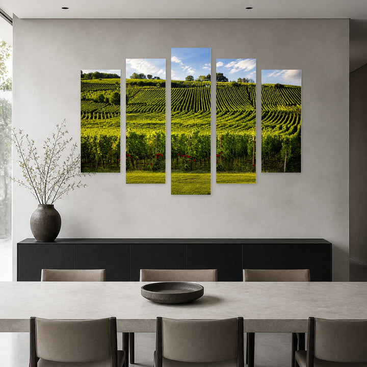 Vineyards and Roses in Serene Light — five-panel wall art in alternate frontal interior | 5wallart 53853 M4