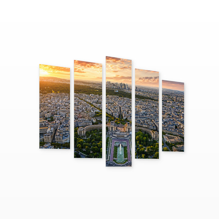 Paris with Trocadéro at Golden Sunset — five-panel wall art on white background in perspective | 5wallart 53855 M1