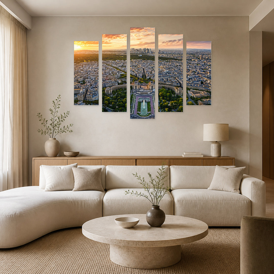 Paris with Trocadéro at Golden Sunset — five-panel wall art in frontal interior | 5wallart 53855 M3