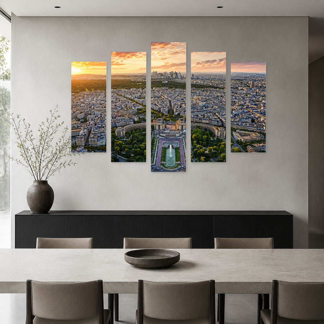 Paris with Trocadéro at Golden Sunset — five-panel wall art in alternate frontal interior | 5wallart 53855 M4