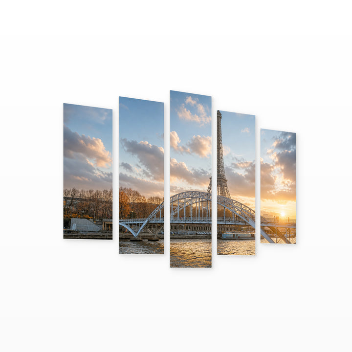 Eiffel Tower and Bridge with Geometric Rhythm — five-panel wall art on white background in perspective | 5wallart 53856 M1