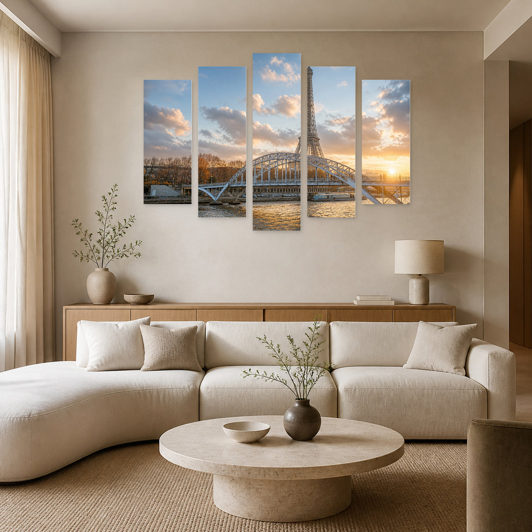 Eiffel Tower and Bridge with Geometric Rhythm — five-panel wall art in alternate frontal interior | 5wallart 53856 M4