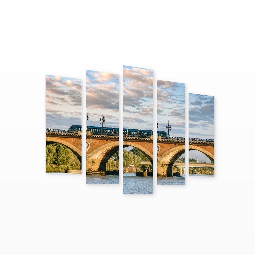 Train Crossing Pont De in Blue and Gold — five-panel wall art on white background in perspective | 5wallart 53864 M1