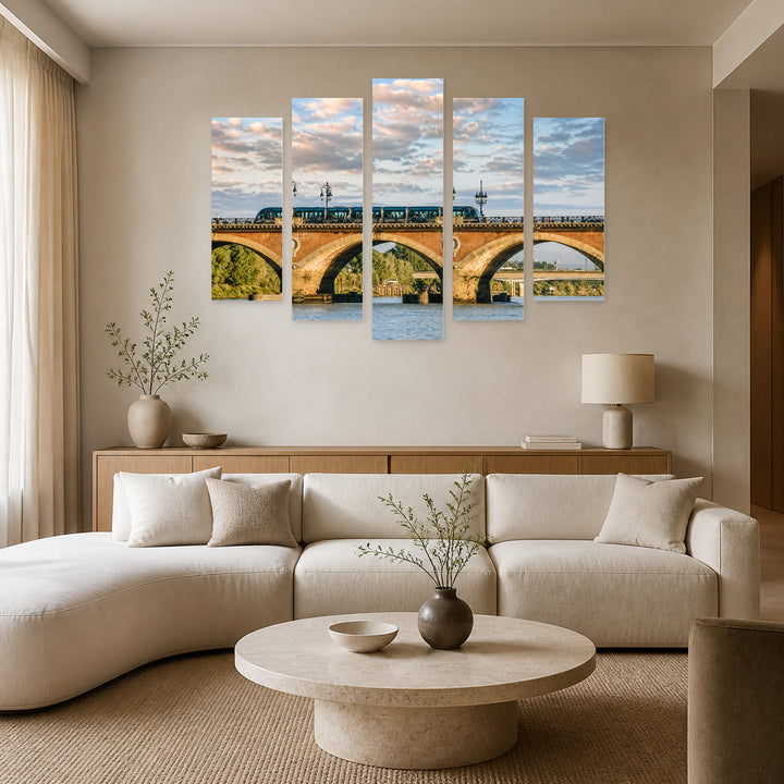 Train Crossing Pont De in Blue and Gold — five-panel wall art in alternate frontal interior | 5wallart 53864 M4