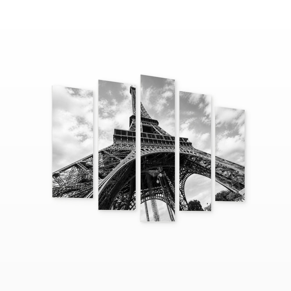 Monochrome Eiffel Tower in Paris — five-panel wall art on white background in perspective | 5wallart 53866 M1