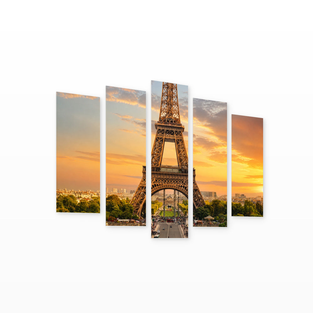 Eiffel Tower, Paris, France at Golden Sunset — five-panel wall art on white background in perspective | 5wallart 53868 M1