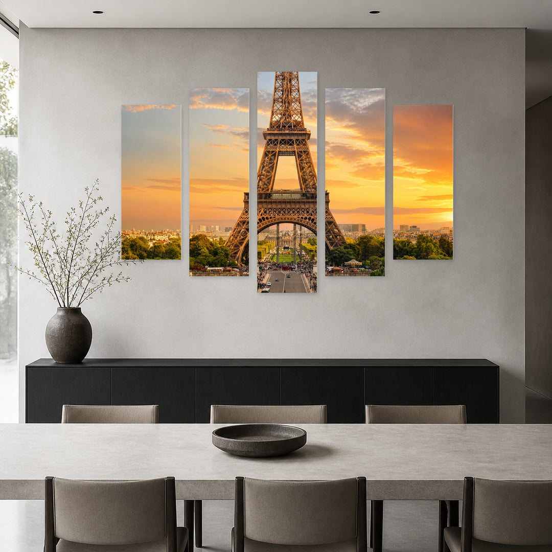 Eiffel Tower, Paris, France at Golden Sunset — five-panel wall art in frontal interior | 5wallart 53868 M3
