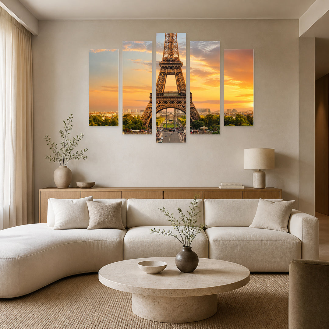 Eiffel Tower, Paris, France at Golden Sunset — five-panel wall art in alternate frontal interior | 5wallart 53868 M4