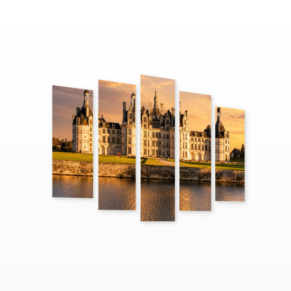 Chambord at Sunset, France with Dreamlike Atmosphere — five-panel wall art on white background in perspective | 5wallart 53869 M1