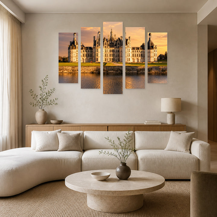 Chambord at Sunset, France with Dreamlike Atmosphere — five-panel wall art in frontal interior | 5wallart 53869 M3