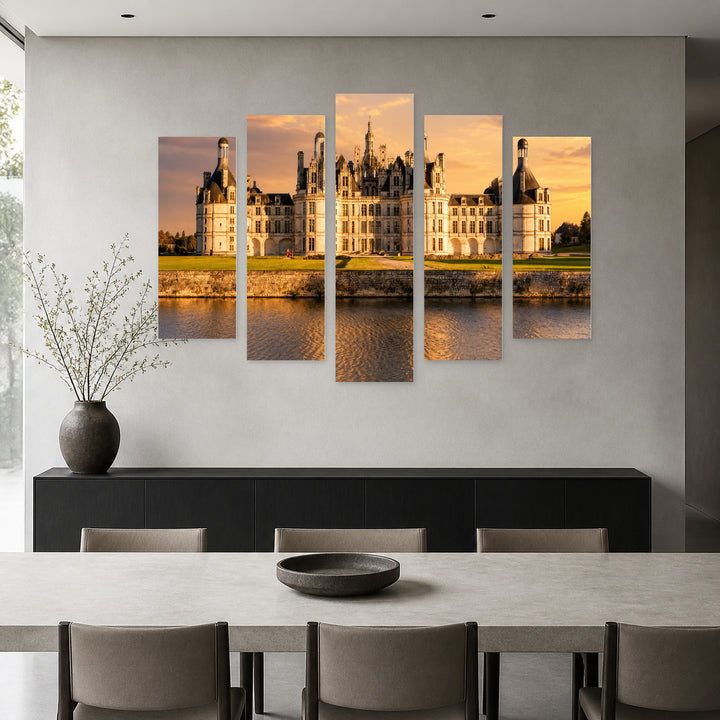 Chambord at Sunset, France with Dreamlike Atmosphere — five-panel wall art in alternate frontal interior | 5wallart 53869 M4
