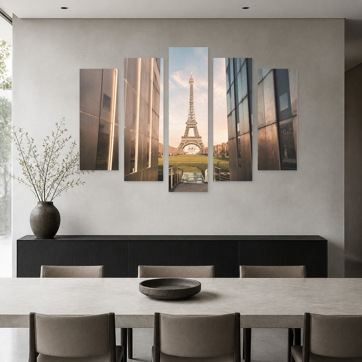 Retro Paris in Soft Pastels — five-panel wall art in alternate frontal interior | 5wallart 53879 M4