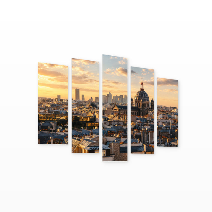 View of Buildings in Paris at Golden Sunset — five-panel wall art on white background in perspective | 5wallart 53880 M1