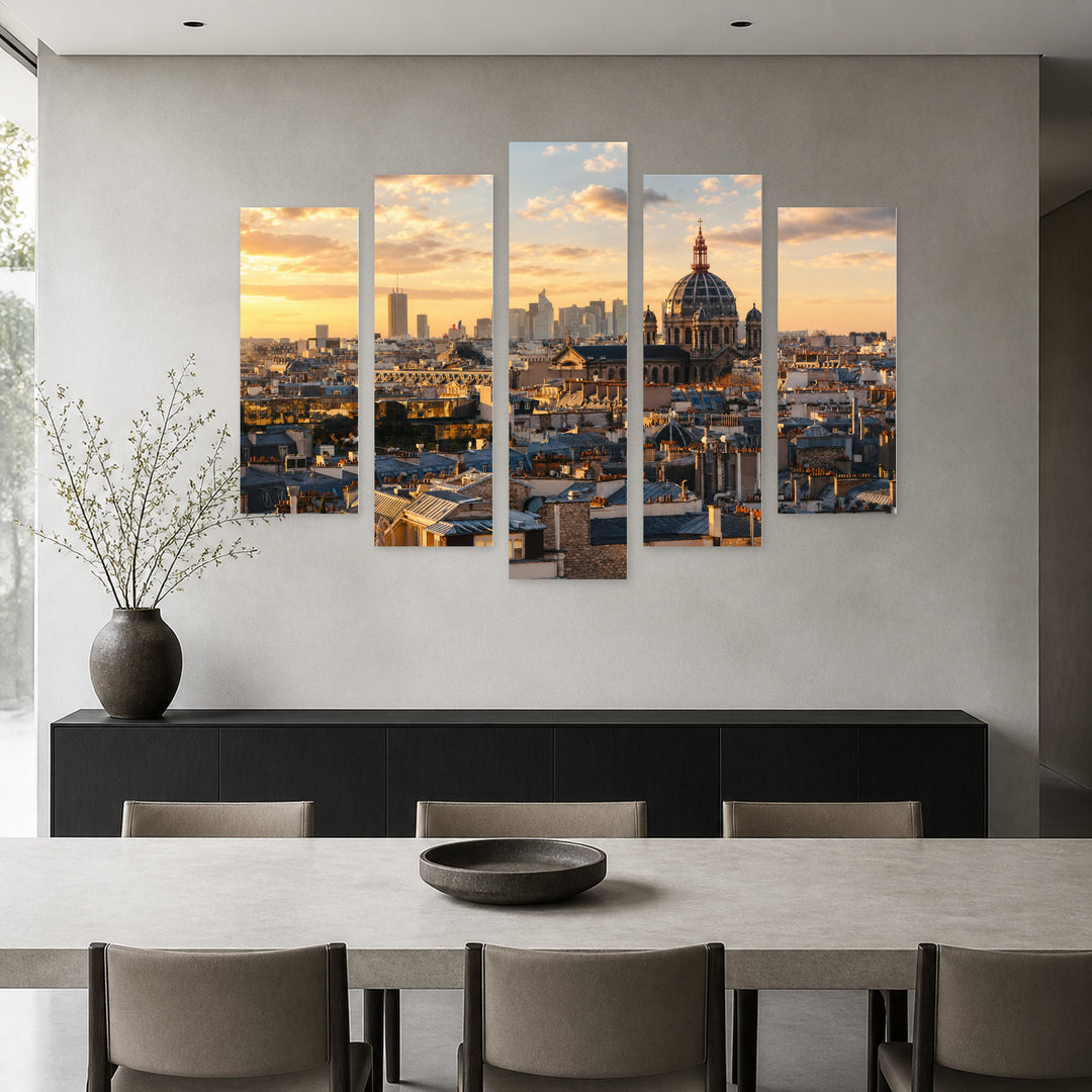 View of Buildings in Paris at Golden Sunset — five-panel wall art in frontal interior | 5wallart 53880 M3