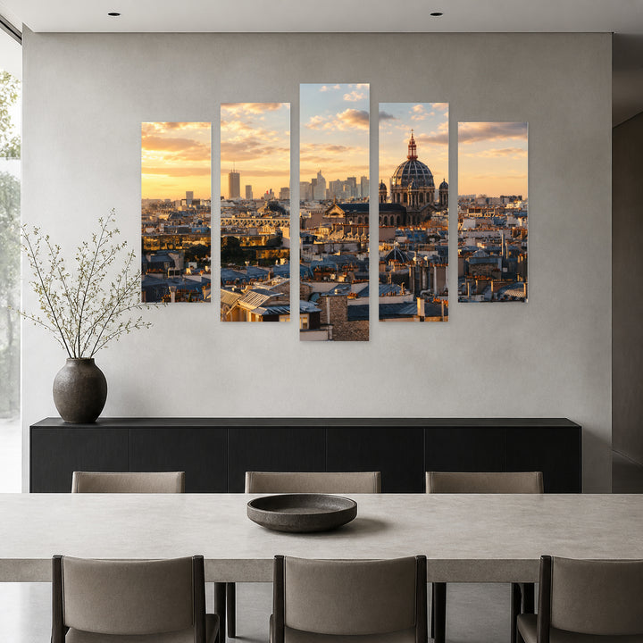 View of Buildings in Paris at Golden Sunset — five-panel wall art in frontal interior | 5wallart 53880 M3